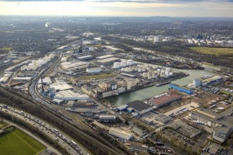 Aerial view, city harbour and Rhine-Herne Canal, goods train connection, behind BP Ruhr oil, below