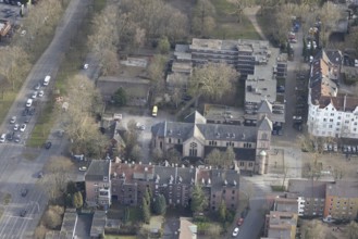 Aerial view, Catholic Church of Our Lady in the residential area Neustadtplatz, Catholic