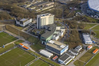 Aerial view, Berger Feld with hotel facilities, at the Bundesliga stadium Veltins-Arena of FC