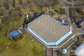Aerial view, Emscher-Lippe-Halle at Berger Feld and next to the Bundesliga stadium Veltins-Arena of