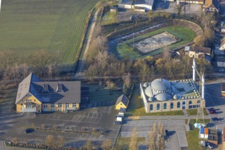 Aerial view, former Barbara Stadium SK Germania Herringen, DitiB Ulu Camii Mosque, Baptist Church -