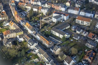 Aerial view, residential area with apartment blocks on Kentroper Weg, Sundermann chimney, bar