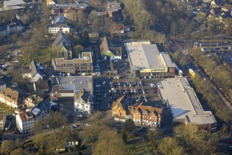 Aerial view, Herringer Markt shopping centre with building site, Edeka supermarket and Aldi