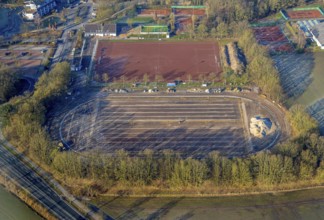 Aerial view, Selbachpark, sports field football stadium 1. FC Pelkum e.V. and tennis courts,
