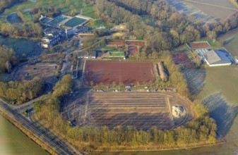 Aerial view, Selbachpark, sports field football stadium 1. FC Pelkum e.V. and tennis courts,