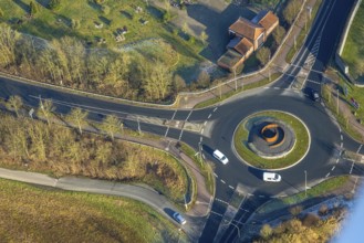 Aerial view, new roundabout Freundschaftskreisel with sculpture, Johannes-Rau-Straße and Am