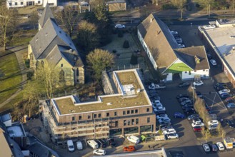 Aerial view, Herringer Markt shopping centre with building site, St. Victor's Church, Herringen