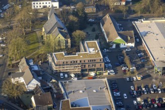 Aerial view, Herringer Markt shopping centre with building site, St. Victor's Church, Herringen