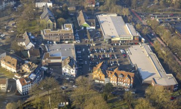 Aerial view, Herringer Markt shopping centre with building site, Edeka supermarket and Aldi