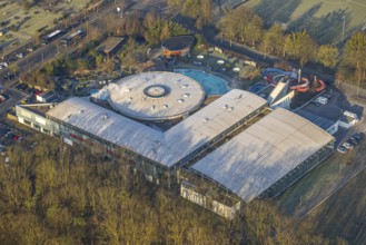 Aerial view, Maximare adventure pool with indoor and outdoor pools, slides, aqua fitness