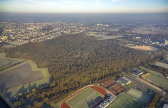 Aerial view, Pilsholz forest area, Hammer SC sports complex with football stadium and tennis