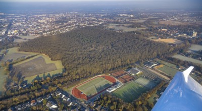Aerial view, Pilsholz forest area, Hammer SC sports complex with football stadium and tennis