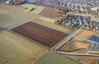 Aerial view, Südfeldweg connection to Westtünnen railway station, meadows and fields with