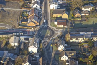 Aerial view, construction site roundabout at the planned local transport connection with stop in
