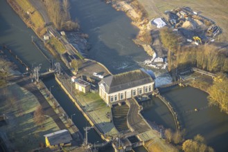 Aerial view, Hamm lock with construction site, damage to the construction site caused by the last