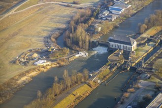 Aerial view, Hamm lock with construction site, damage to the construction site caused by the last