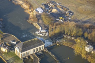 Aerial view, Hamm lock with construction site, damage to the construction site caused by the last