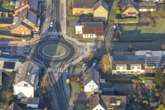 Aerial view, construction site roundabout at the planned local transport connection with stop in