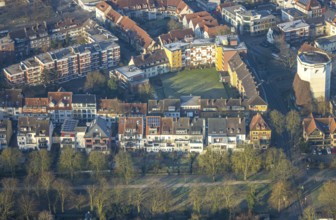Aerial view, residential complex Widumstraße corner Ostenwall, green interior space, centre, Hamm,