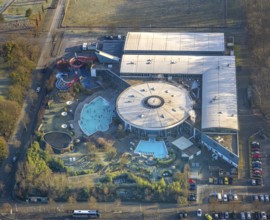 Aerial view, Maximare adventure pool with indoor and outdoor pools, slides, aqua fitness