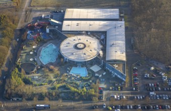 Aerial view, Maximare adventure pool with indoor and outdoor pools, slides, aqua fitness
