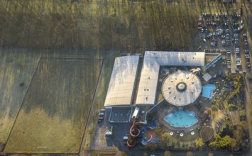 Aerial view, Maximare adventure pool with indoor and outdoor pools, slides, aqua fitness