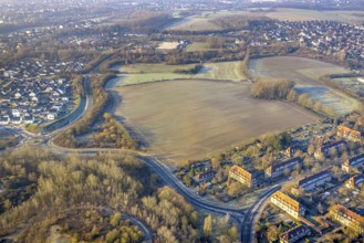 Aerial view, meadow area north of Sachsenring to Vogelsang, roundabout, district of Heessen, Hamm,