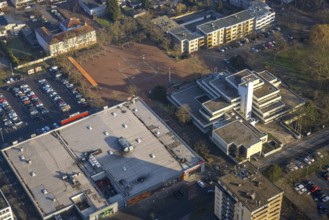 Aerial view, Höveler Markt market square and terraced town hall Bürgeramt, on the left the