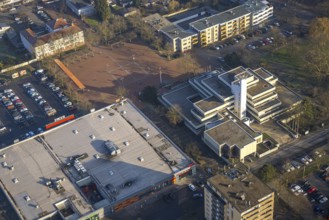 Aerial view, Höveler Markt market square and terraced town hall Bürgeramt, on the left the