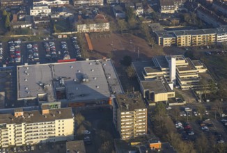 Aerial view, Höveler Markt market square and terraced town hall citizens' office, on the left the