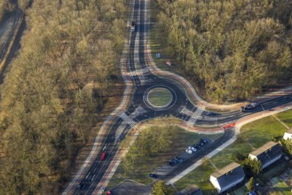 Aerial view, new roundabout Hammer Straße and Bülowstraße in the forest area, Bockum-Hövel, Hamm,