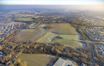 Aerial view, meadow area north of Sachsenring to Vogelsang, roundabout, district of Heessen, Hamm,