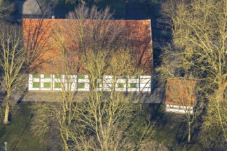 Aerial view, Brokhof half-timbered house, old farmhouse as event venue and cultural centre, Heessen