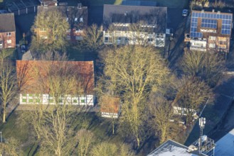 Aerial view, Brokhof half-timbered house, old farmhouse as event venue and cultural centre, Heessen