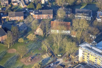 Aerial view, Brokhof half-timbered house, old farmhouse as event venue and cultural centre, Heessen