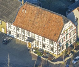 Aerial view, half-timbered house Lindenhof Hotel and Restaurant, district Rhynern, Hamm, Ruhr area,