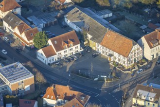 Aerial view, half-timbered house Lindenhof Hotel and Restaurant, district Rhynern, Hamm, Ruhr area,