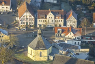 Aerial view, half-timbered house Lindenhof Hotel and Restaurant, Protestant church Rhynern