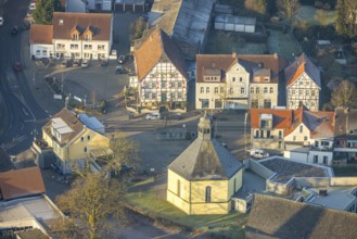 Aerial view, half-timbered house Lindenhof Hotel and Restaurant, Protestant church Rhynern