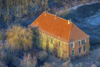 Aerial view, Haus Hohenover, historical landmark with plant growth on the house wall and red roof