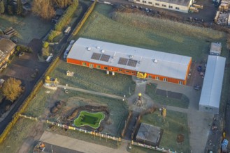 Aerial view, Hindu temple complex, new water basin pool for holy baths, Hindu community in Germany,