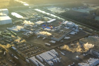 Aerial view, Hindu temple complex, new water basin pool for holy baths, Hindu community in Germany,