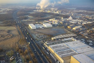 Aerial view, Siegenbeckstraße industrial estate on the A2 motorway, planned motorway junction, cold