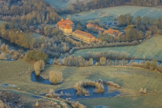 Aerial view, Schloss Oberwerries moated castle in the Lippe floodplains, educational centre and