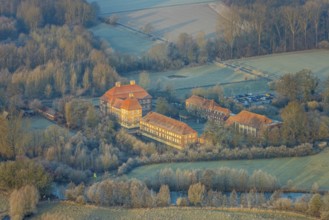 Aerial view, Schloss Oberwerries moated castle in the Lippe floodplains, educational centre and