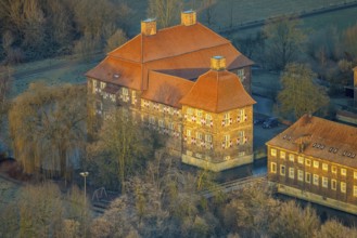 Aerial view, Schloss Oberwerries moated castle in the Lippe floodplains, educational centre and