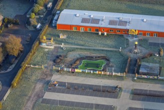 Aerial view, Hindu temple complex, new water basin pool for holy baths, Hindu community in Germany,