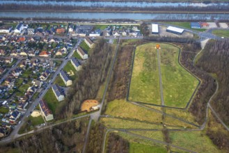 Aerial view, slag heap sign in Lippepark, Datteln-Hamm Canal, Herringen district, Hamm, Ruhr area,