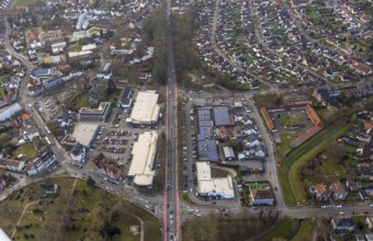 Aerial view, Dortmunder Straße shopping centre with DM, Rewe, Aldi and Edeka supermarket, St.