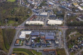 Aerial view, Dortmunder Straße shopping centre with DM, Rewe, Aldi and Edeka supermarket, St.